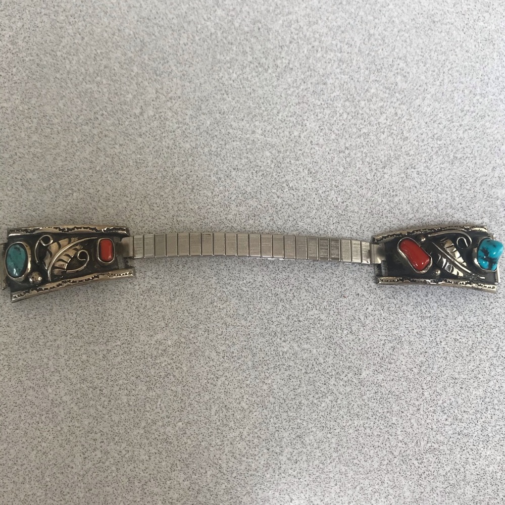 SOUTHWEST TURQUOISE & CORAL SILVER WATCHBAND